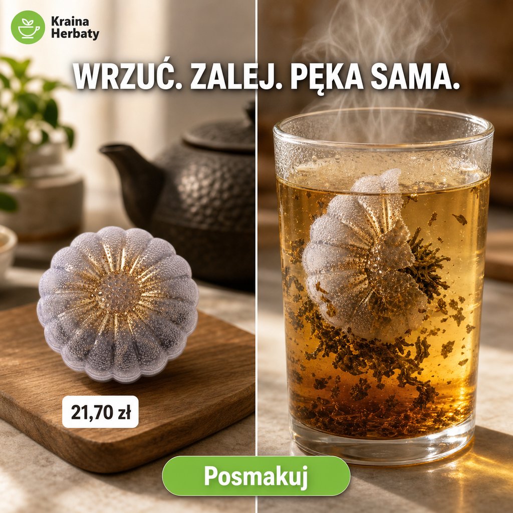 Reklama Krainy Herbaty: bomba herbaciana w szklance, hasło „Wrzuć. Zalej. Pęka sama.”