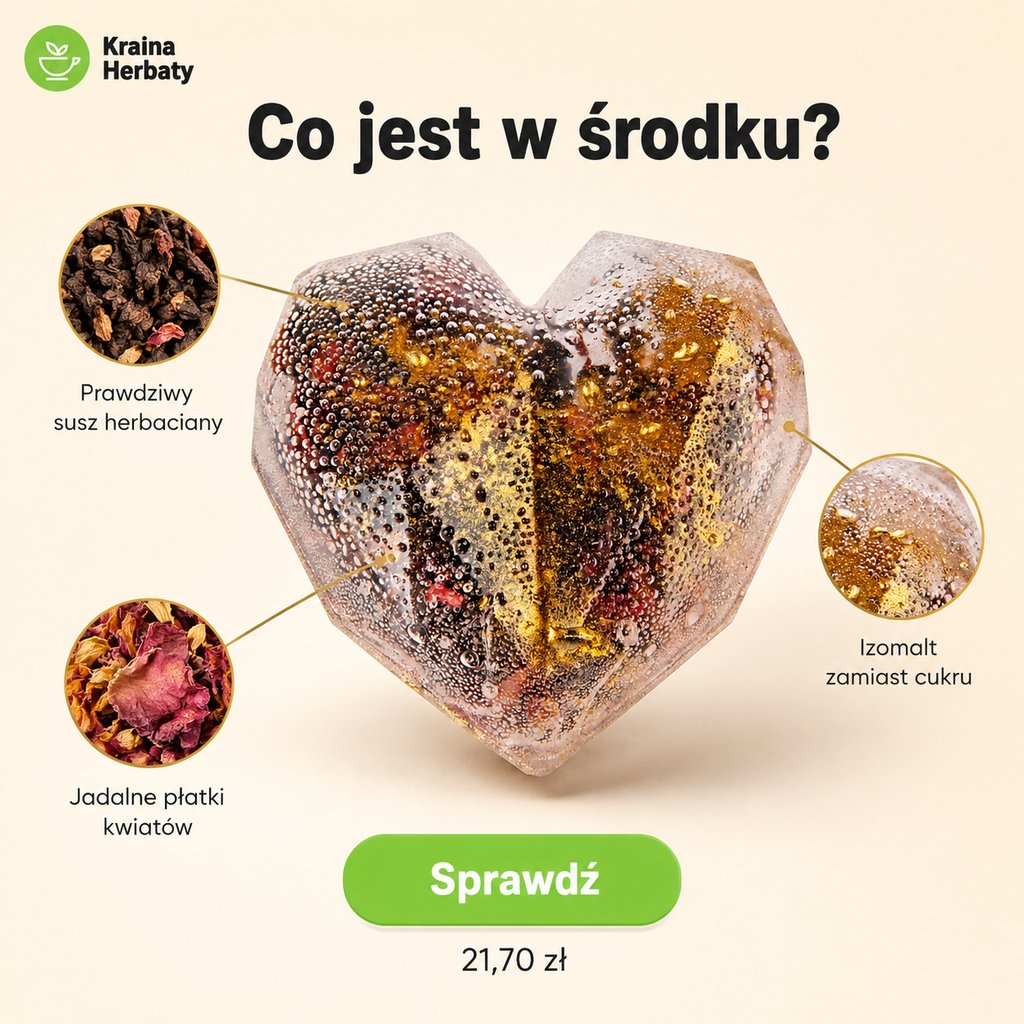 Reklama Bomb Herbacianych: serce herbaciane z opisem składników i ceną 21,70 zł