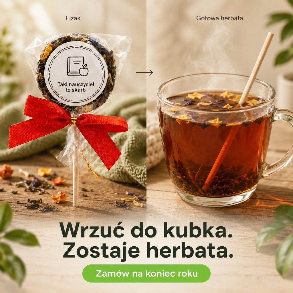 Reklama Krainy Herbaty: lizak herbaciany, „Wrzuć do kubka. Zostaje herbata.”