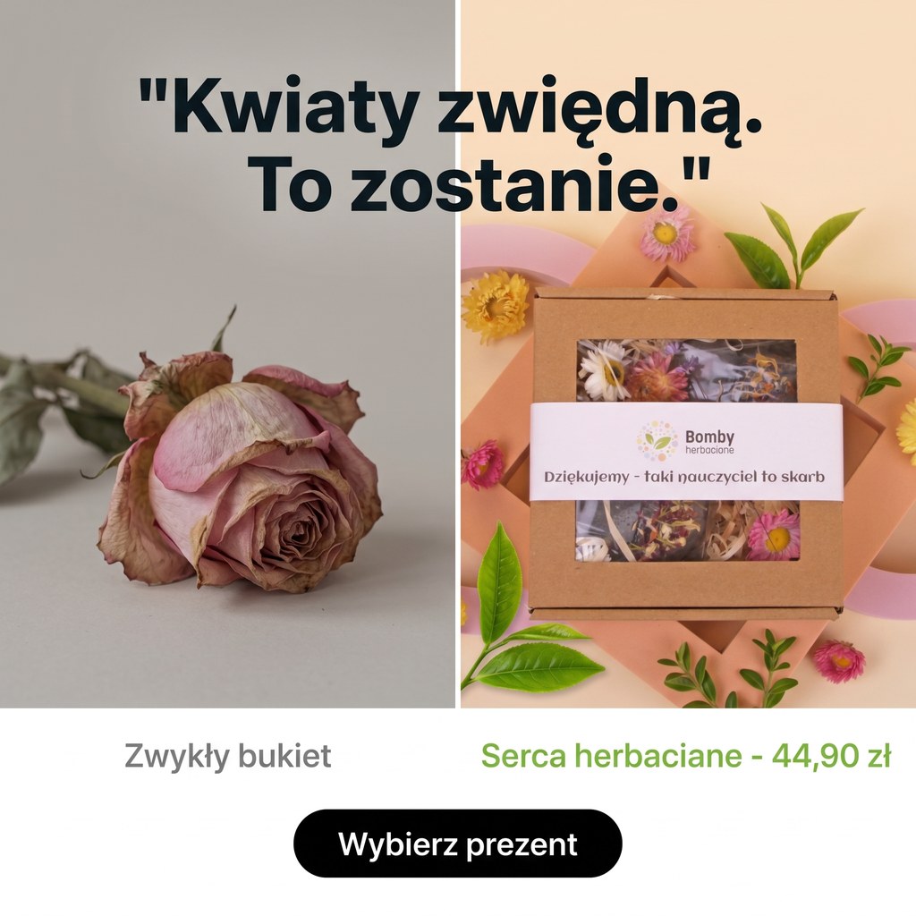 Reklama Bomb Herbacianych: porównanie zwykłego bukietu z sercami herbacianymi