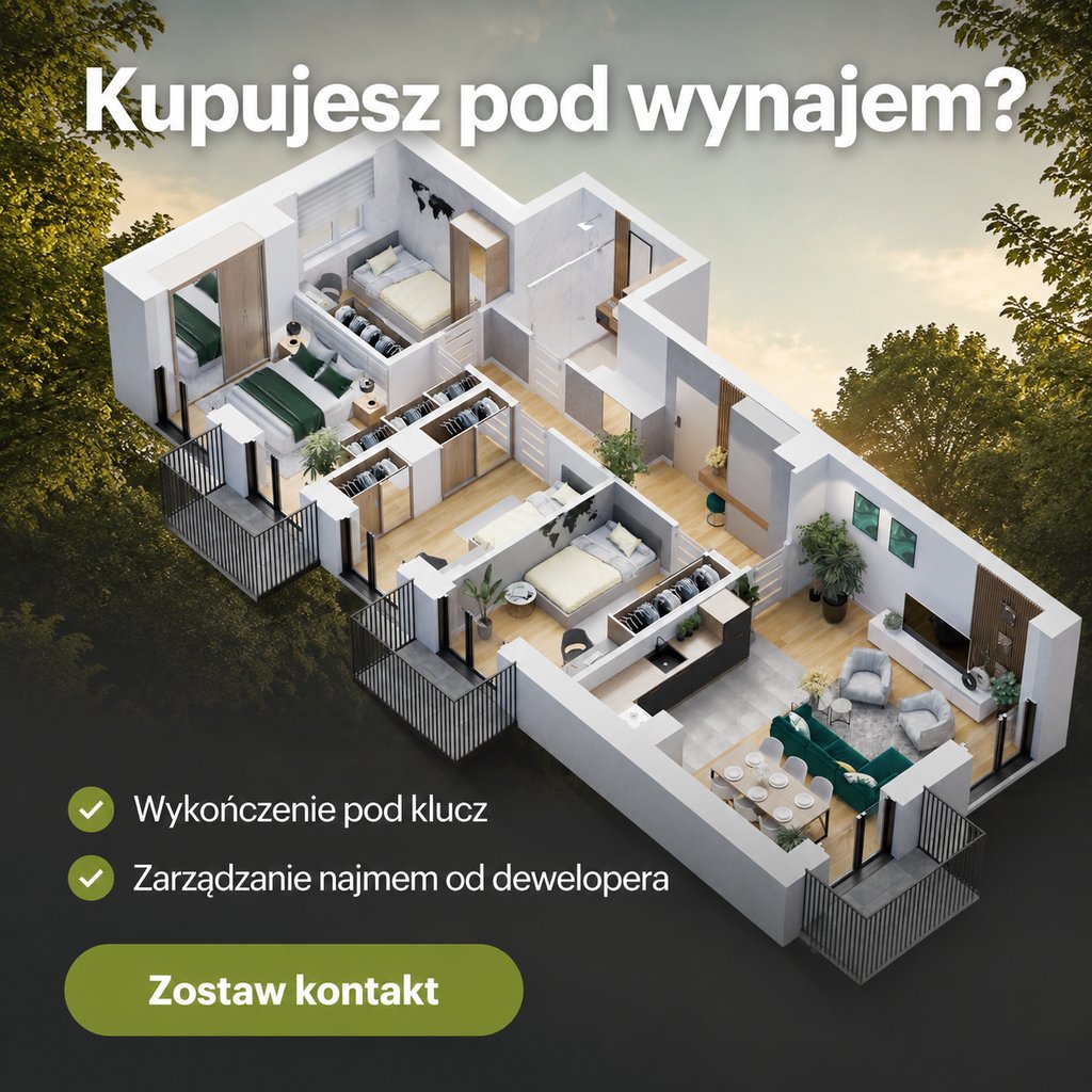 Reklama EkoGrabowej: rzut izometryczny mieszkania, „Kupujesz pod wynajem?”, wykończenie pod klucz i zarządzanie najmem