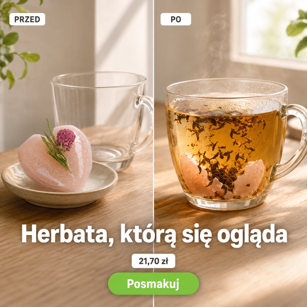 Reklama Krainy Herbaty: porównanie przed i po zaparzeniu, „Herbata, którą się ogląda”, 21,70 zł