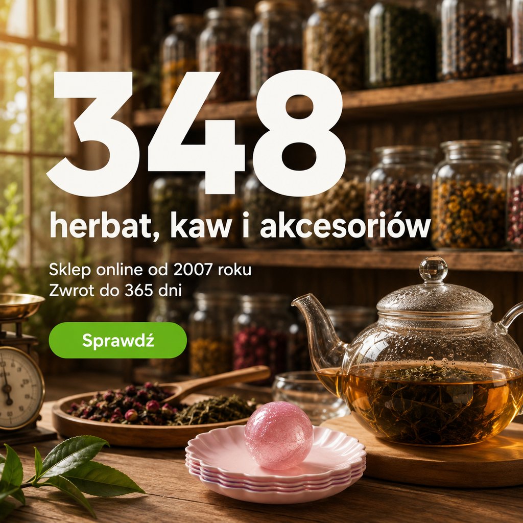 Reklama Krainy Herbaty: 348 herbat, kaw i akcesoriów, sklep online od 2007 roku, zwrot do 365 dni