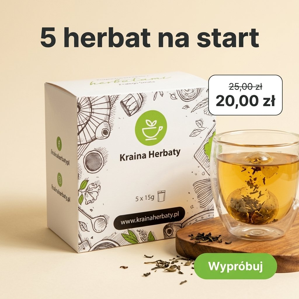 Reklama Krainy Herbaty: pudełko 5 herbat na start, cena obniżona z 25,00 na 20,00 zł
