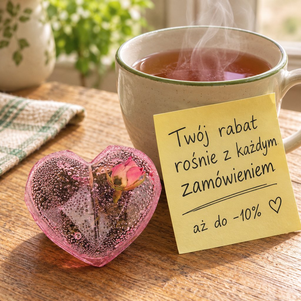 Reklama Krainy Herbaty: serce herbaciane i odręczna karteczka „Twój rabat rośnie z każdym zamówieniem”